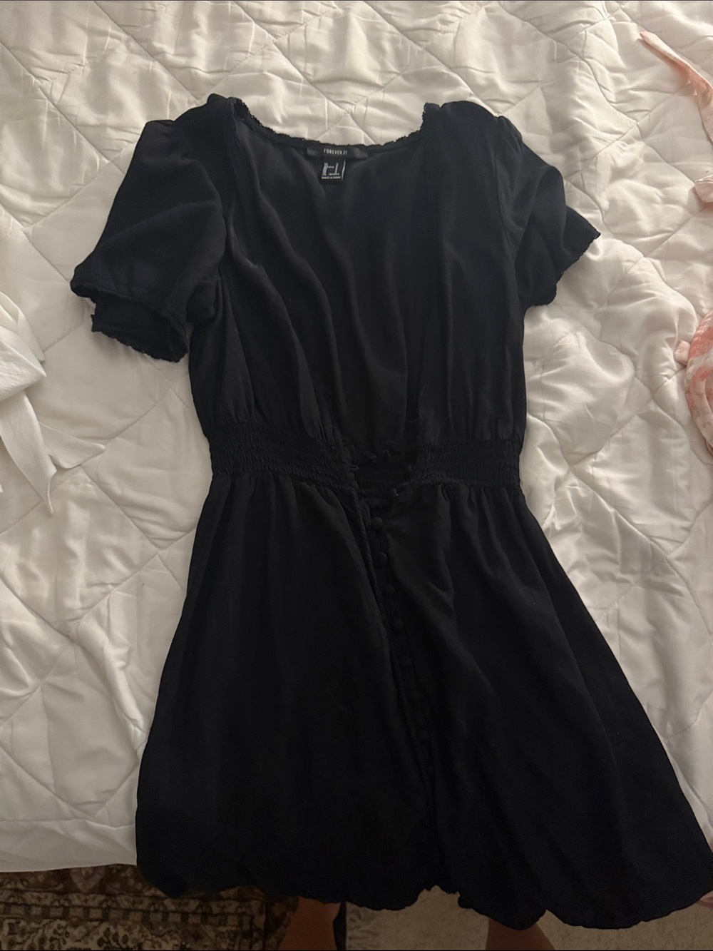 Forever 21 Black Button-Front Smocked Waist Dress